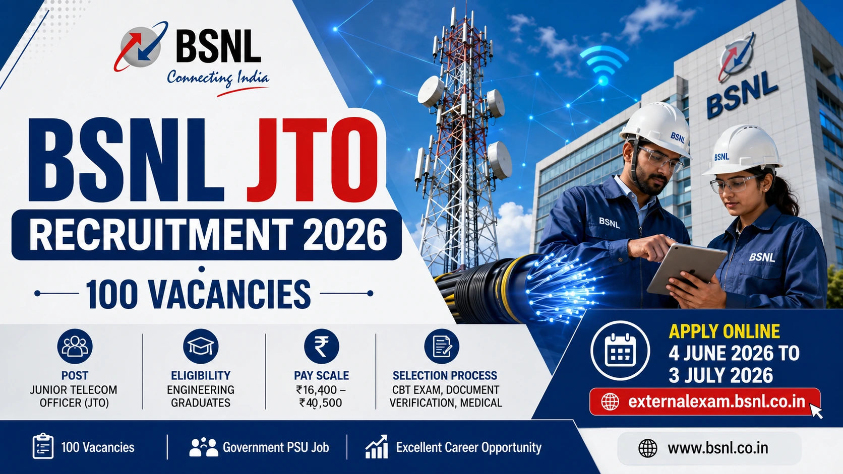 BSNL JTO Recruitment 2026: Apply Online for 100 Junior Telecom Officer Vacancies